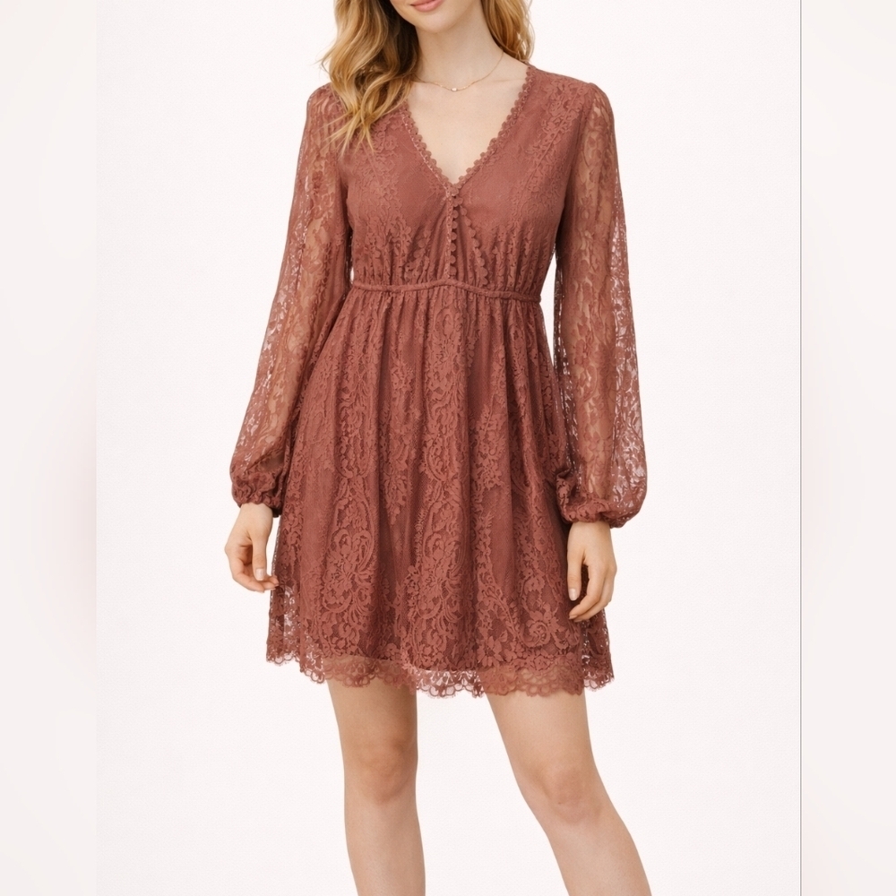 COCO & JAIMESON Mauve Lace V-Neck Empire Waist Mini Dress Small